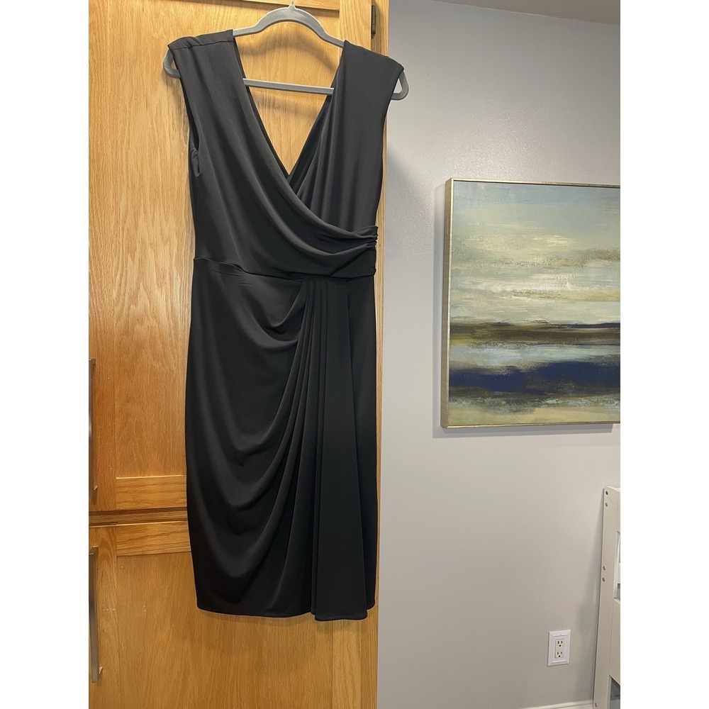 Maggy London Womens Black Sleeveless Faux Wrap Draped Sheath Cocktail Dress 10